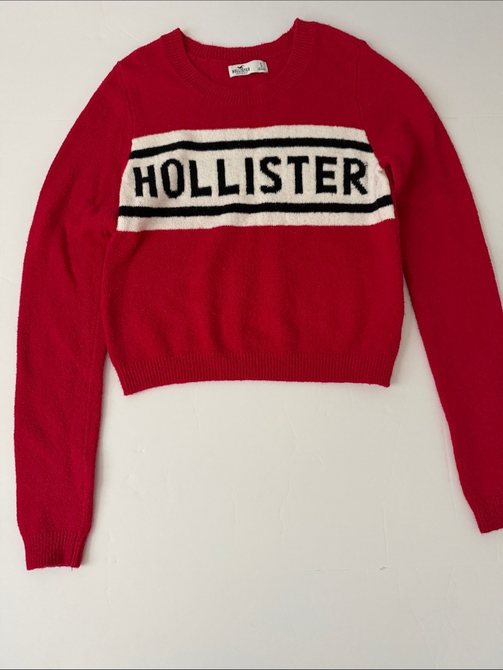 Hollister Red Crewneck Sweater with White & Black Logo Band
